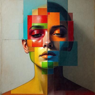 The primary subject of the image is a woman's face, which is depicted in a colorful and artistic manner. The setting is a painting, and the visual style is a combination of digital art and illustration. The colors and mood of the painting are vibrant and lively, with a focus on the woman's features and the various colors that make up her face.